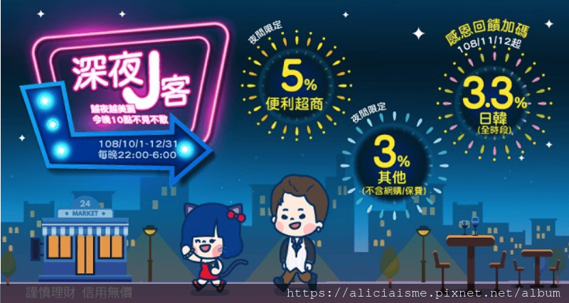 【旅日制霸–富邦J卡】 最新活動 -日韓消費全面3.3%回饋，期間限定的〈深夜J客533 2.0活動〉於指定時段再加碼台灣地區指定便利超商5％回饋、其他消費回饋3%